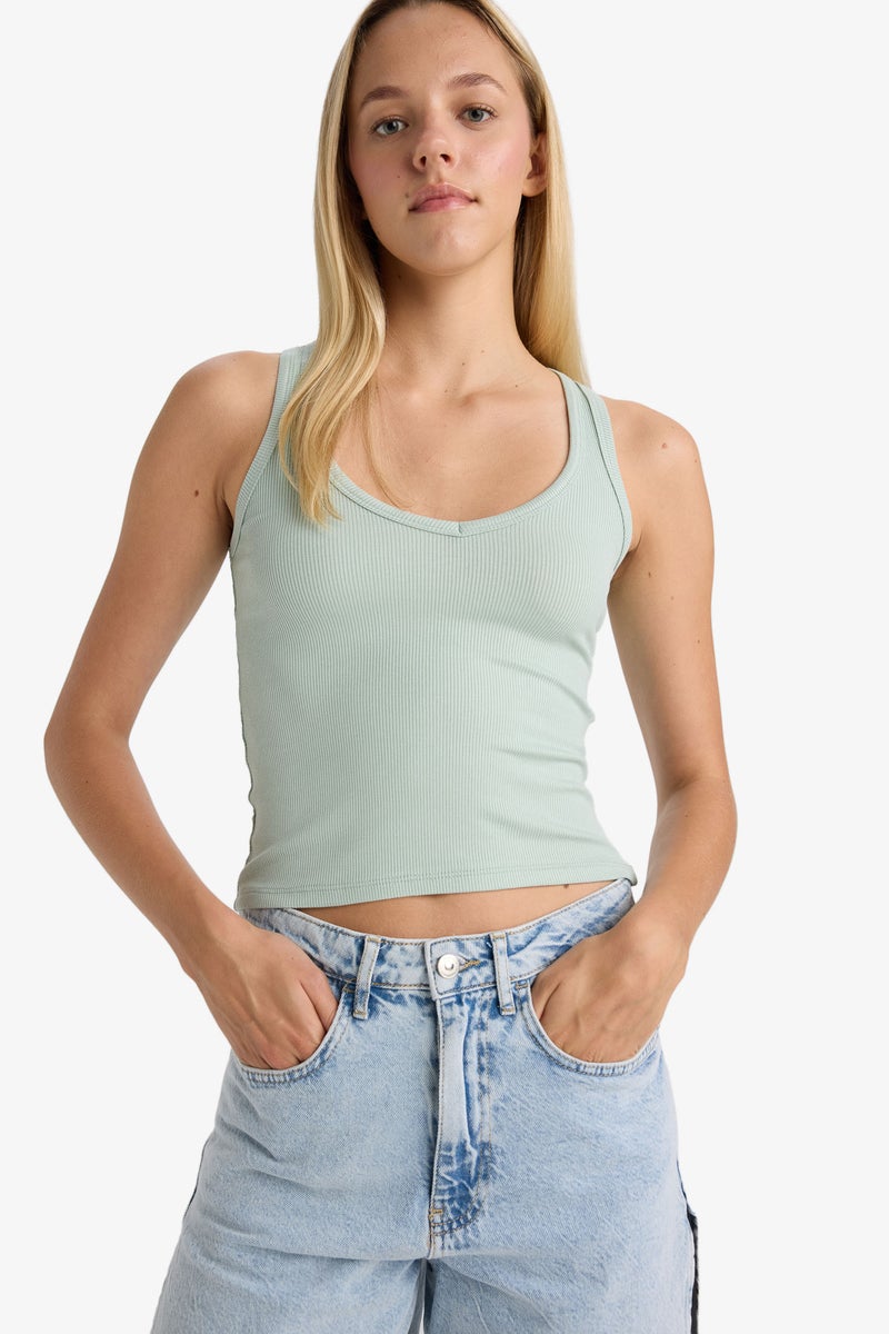 DeFacto Green Woman Slim Fit Camisole V-Neck Tank Top Casual - Image 3